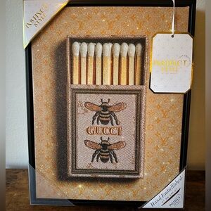 Luxury Designer Golden Matchbox with Bee Art Canvas Framed Art Wall Decor NWT